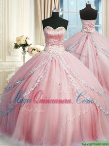 Sleeveless Tulle With Train Court Train Lace Up 15 Quinceanera Dress in Pink for with Beading and Appliques