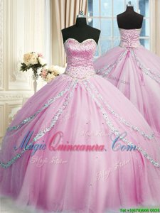 Noble Lilac Tulle Lace Up Sweetheart Sleeveless With Train 15 Quinceanera Dress Court Train Beading and Appliques
