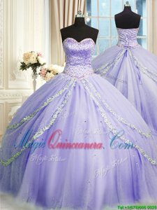 Glamorous Lavender Ball Gowns Sweetheart Sleeveless Tulle With Train Court Train Lace Up Beading and Appliques Sweet 16 Dress