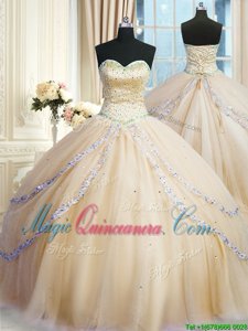 Unique With Train Champagne Ball Gown Prom Dress Sweetheart Sleeveless Court Train Lace Up