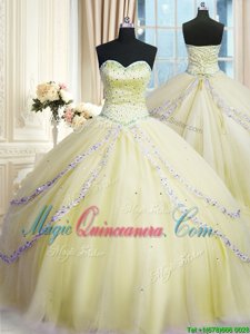 Sleeveless Court Train Beading and Appliques Lace Up Quince Ball Gowns