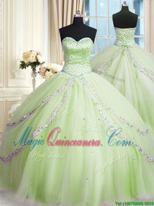 Noble Sweetheart Sleeveless Court Train Lace Up Quinceanera Gowns Yellow Green Tulle