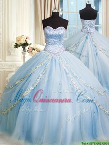 Baby Blue Sleeveless Organza Court Train Lace Up Quinceanera Dresses for Military Ball and Sweet 16 and Quinceanera
