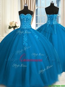 Teal Sleeveless Appliques and Embroidery Floor Length Sweet 16 Dresses