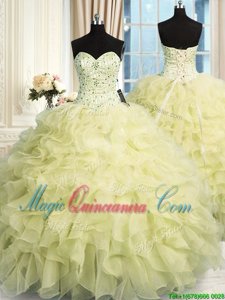Yellow Quinceanera Dress Military Ball and Sweet 16 and Quinceanera and For with Beading and Ruffles Sweetheart Sleeveless Lace Up