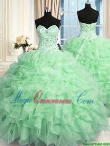 Edgy Beading and Ruffles 15 Quinceanera Dress Apple Green Lace Up Sleeveless Floor Length