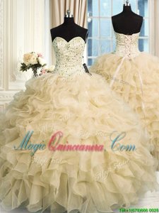 Stylish Sleeveless Floor Length Beading and Ruffles Lace Up Sweet 16 Dresses with Champagne