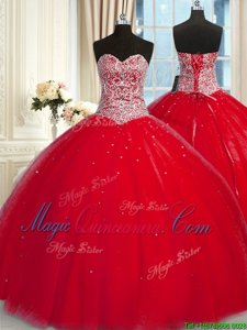 Graceful Halter Top Red 15th Birthday Dress Tulle Sleeveless Beading and Sequins