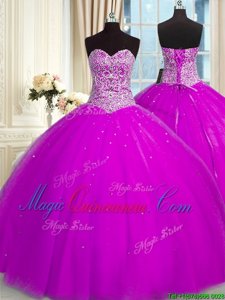 Fashionable Fuchsia Ball Gowns Sweetheart Sleeveless Organza Floor Length Lace Up Beading and Sequins Quinceanera Dress