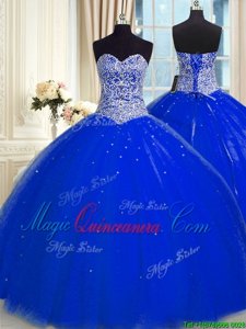 Fantastic Sequins Floor Length Royal Blue Sweet 16 Quinceanera Dress Sweetheart Sleeveless Backless