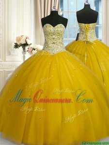 Pretty Sequins Floor Length Yellow Sweet 16 Dresses Sweetheart Sleeveless Lace Up