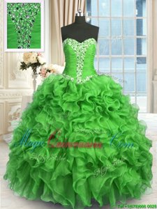 Fantastic Organza Sweetheart Sleeveless Lace Up Beading and Ruffles Quince Ball Gowns in Green