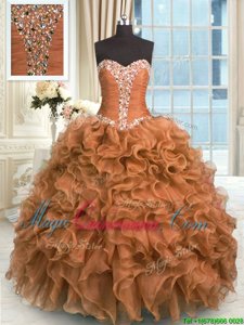 Fitting Brown Lace Up 15th Birthday Dress Beading and Ruffles Sleeveless Floor Length