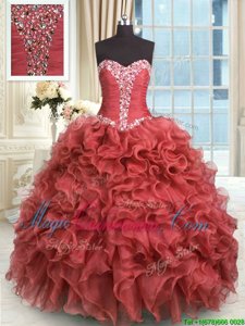 Rust Red Ball Gowns Beading and Ruffles Quince Ball Gowns Lace Up Organza Sleeveless Floor Length