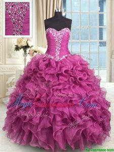 Dramatic Rose Pink 15th Birthday Dress Military Ball and Sweet 16 and Quinceanera and For with Beading and Ruffles Sweetheart Sleeveless Lace Up
