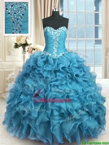 Popular Baby Blue Sleeveless Beading and Ruffles Floor Length Vestidos de Quinceanera