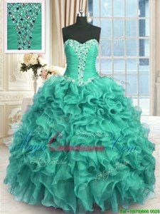Sleeveless Organza Floor Length Lace Up Ball Gown Prom Dress in Turquoise for with Beading and Ruffles