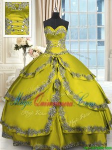 Sweetheart Sleeveless Vestidos de Quinceanera Floor Length Beading and Appliques and Ruffled Layers Yellow Green Taffeta