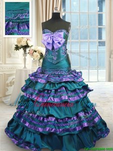 Attractive Sleeveless Taffeta Sweep Train Lace Up Quinceanera Dresses in Peacock Green for with Appliques and Ruffled Layers and Bowknot