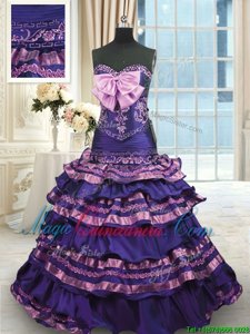 Sleeveless Sweep Train Lace Up With Train Appliques and Ruffled Layers and Bowknot Sweet 16 Dress
