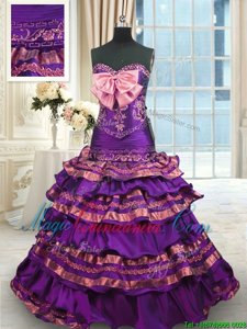 Unique Sleeveless Brush Train Lace Up Appliques and Ruffled Layers and Bowknot Ball Gown Prom Dress