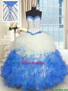 Blue And White Lace Up Sweetheart Beading and Ruffles Vestidos de Quinceanera Organza Sleeveless
