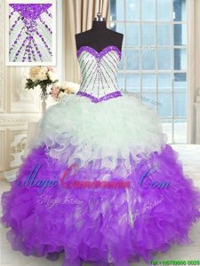 Comfortable White And Purple Ball Gown Prom Dress Military Ball and Sweet 16 and Quinceanera and For with Beading and Ruffles Sweetheart Sleeveless Lace Up