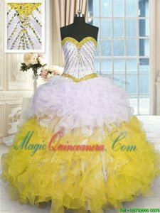 Enchanting Yellow And White Ball Gowns Beading and Ruffles Sweet 16 Dress Lace Up Organza Sleeveless Floor Length
