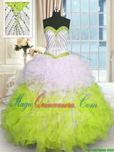 Sleeveless Floor Length Beading and Ruffles Lace Up 15 Quinceanera Dress with Multi-color