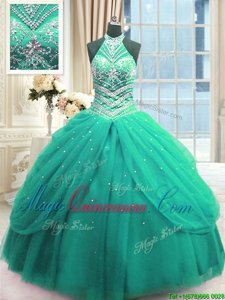 Sophisticated Turquoise High-neck Neckline Beading 15 Quinceanera Dress Sleeveless Lace Up
