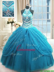 Popular High-neck Sleeveless 15 Quinceanera Dress Floor Length Beading Baby Blue Tulle