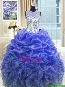 Perfect Scoop Sleeveless Vestidos de Quinceanera Floor Length Beading and Ruffles Blue Organza