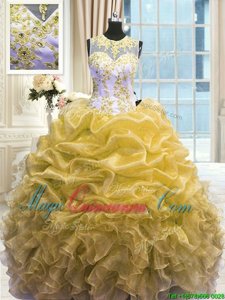 Flirting Scoop Gold Zipper 15 Quinceanera Dress Beading and Ruffles Sleeveless Floor Length
