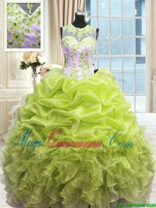 Scoop Floor Length Yellow Green Ball Gown Prom Dress Organza Sleeveless Beading and Ruffles