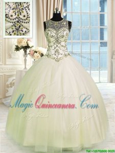 Scoop Champagne Lace Up Quinceanera Gowns Beading Sleeveless Floor Length
