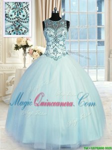 Scoop Floor Length Lace Up 15th Birthday Dress Light Blue and In for Military Ball and Sweet 16 and Quinceanera with Beading