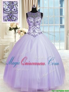 Tulle Scoop Sleeveless Lace Up Beading Quince Ball Gowns in Lavender