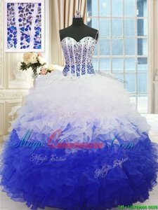 Simple Sleeveless Floor Length Beading and Ruffles Lace Up Quinceanera Gowns with Blue And White