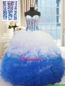 Blue And White Ball Gowns Beading and Ruffles 15 Quinceanera Dress Lace Up Organza Sleeveless Floor Length