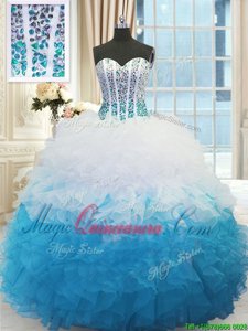 Deluxe Blue And White Lace Up Quince Ball Gowns Beading and Ruffles Sleeveless Floor Length