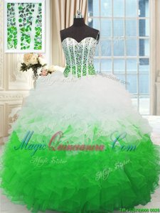 Custom Made Floor Length White and Green Quinceanera Dresses Organza Sleeveless Beading and Ruffles