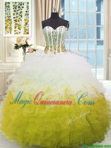 Yellow And White Lace Up Sweetheart Beading and Ruffles Quinceanera Gown Organza Sleeveless