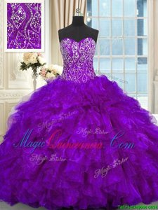 Purple Sweetheart Neckline Beading and Ruffles Quince Ball Gowns Sleeveless Lace Up