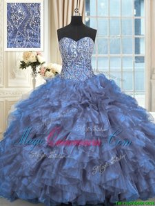 Brush Train Ball Gowns Quince Ball Gowns Blue Sweetheart Organza Sleeveless Lace Up