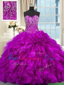 Beautiful Sweetheart Sleeveless Organza Vestidos de Quinceanera Beading and Ruffles Brush Train Lace Up