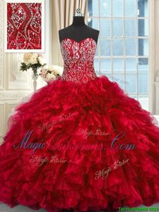 Adorable Red Sleeveless Organza Brush Train Lace Up 15th Birthday Dress for Military Ball and Sweet 16 and Quinceanera