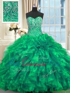 Turquoise Ball Gowns Organza Sweetheart Sleeveless Beading and Ruffles Lace Up Quince Ball Gowns Brush Train