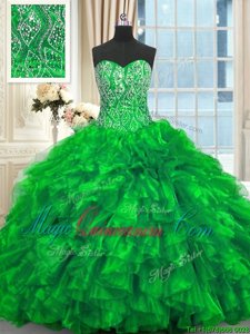 Affordable Green Sleeveless Brush Train Beading and Ruffles Quinceanera Dress