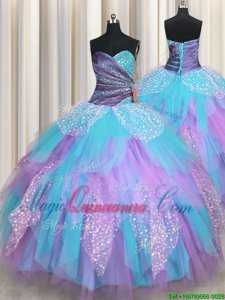Vintage Floor Length Lace Up Sweet 16 Dress Multi-color and In for Military Ball and Sweet 16 and Quinceanera with Beading and Ruching