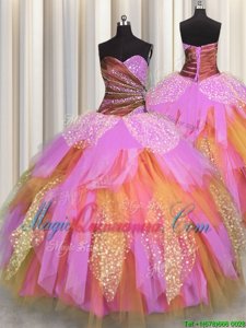Lovely Sleeveless Lace Up Floor Length Beading and Ruching Quince Ball Gowns